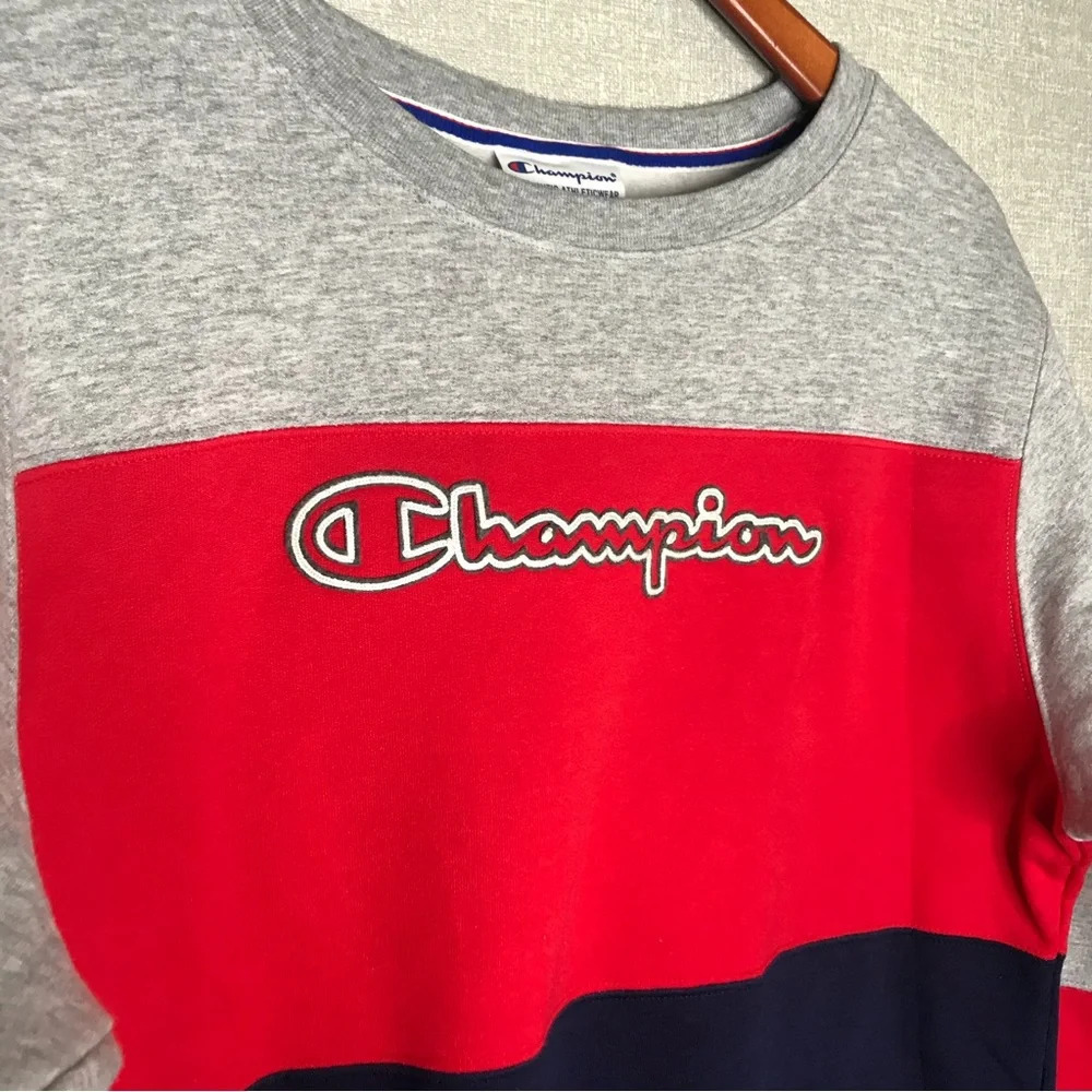 Champion Powerblend Red, Gray and Blue Colorblock Script Logo Sweatshirt - Picture 4 of 8